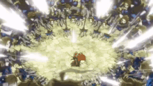 a man with a sword is standing in the middle of a crowd of people .