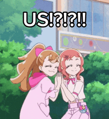 two anime girls are standing next to each other with the words us ! ? ! ? !