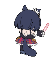 a cartoon drawing of a girl with black hair holding a pink light stick