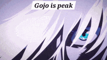 a close up of a person 's eye with the words gojo is peak written above it