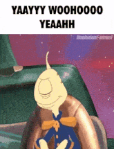 a cartoon character is sitting in the driver 's seat of a car with his eyes closed .