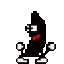 a pixel art illustration of a black condom with red eyes and arms .