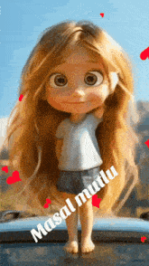 a cartoon girl with long hair is standing on a car hood with the words masal mutlu written below her