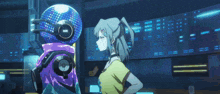 a girl with a ponytail stands next to a robot with a disco ball on its back