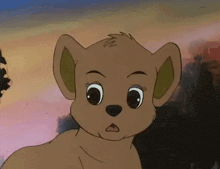 a cartoon lion cub is looking at the camera with a surprised look on its face .