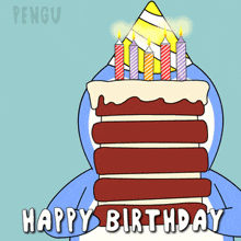 a penguin with a party hat is holding a birthday cake
