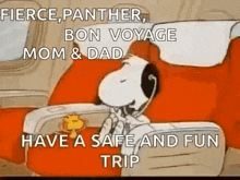 a cartoon of snoopy sleeping on a plane with a message .