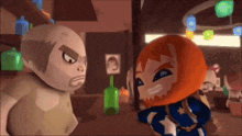 two cartoon characters standing next to each other in a bar