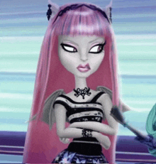 a monster high doll with pink hair and a black and white top