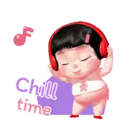 a little girl wearing headphones with the words chill time above her