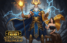 a poster for museum bola agen online terlengkap shows a man holding a torch and a woman holding a mortar and pestle