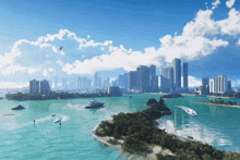 an aerial view of a body of water with boats in it and a city in the background