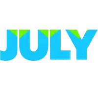 the word july is written in orange and green