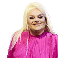 a woman with blonde hair is wearing a pink dress