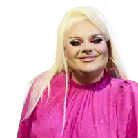 a woman with blonde hair is wearing a pink dress