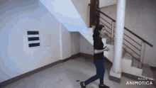 a woman walks down a set of stairs made by animatica