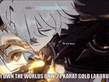 a screenshot of a video game with the words i own the worlds only 24 karat gold labubu