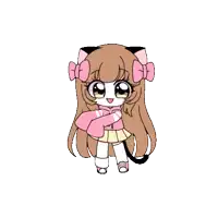 a cartoon girl with long brown hair and cat ears is wearing a pink jacket and a skirt .