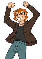 a drawing of a man in a brown jacket and blue jeans