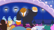 a cartoon of a man in a tuxedo singing into a microphone with a sign that says harvest cartoons