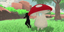 a silhouette of a person standing next to a mushroom in a video game