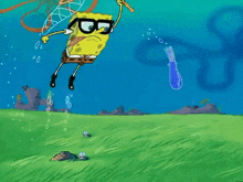 spongebob is catching a jellyfish with a fishing net
