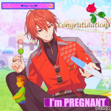a cartoon of a man holding a pregnancy test with the words congratulations i 'm pregnant below him