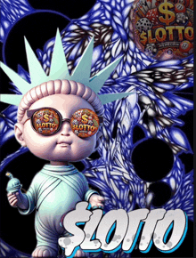 a baby statue of liberty wearing sunglasses with the word lotto on them