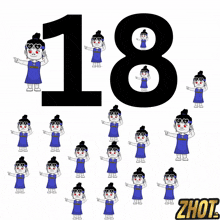 the number 18 is surrounded by a bunch of little girls