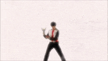 a man in a red and white jacket is holding a sword in his hands .