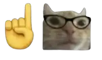 a picture of a cat wearing glasses next to a yellow hand pointing up