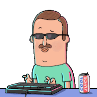 a cartoon of a man using a keyboard next to a cool juice can