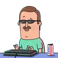 a cartoon of a man using a keyboard next to a cool juice can