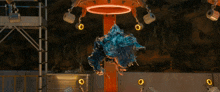 a large blue object is hanging from a ceiling in a room
