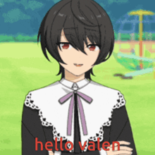 a cartoon character says hello valent in red