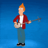 fry from futurama is playing a guitar with a blue background