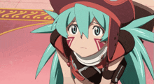 a cartoon character with blue hair and a red hat has the letter o on her face