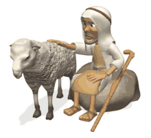 a cartoon of a shepherd petting a sheep on a rock