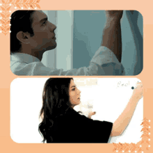 a man and a woman are writing on a whiteboard and the man is writing the word reel