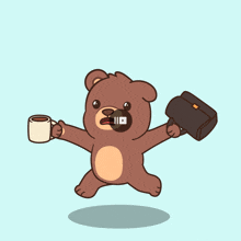 a brown teddy bear is holding a cup of coffee and a briefcase