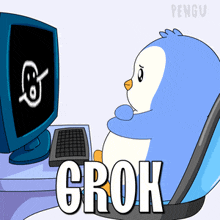 a cartoon penguin is sitting in front of a computer with the word grok on the bottom