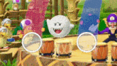 a cartoon character is playing drums in a video game