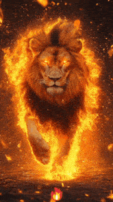 a lion surrounded by flames and a candle