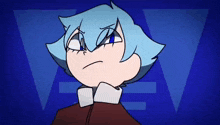 a cartoon character with blue hair and blue eyes is making a funny face on a blue background .