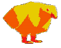 a pixel art of a yellow and orange bird with red feet