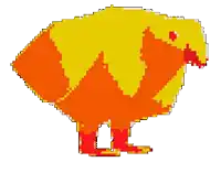 a pixel art of a yellow and orange bird with red feet