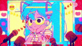 a cartoon girl wearing glasses and headphones is standing in front of microphones .