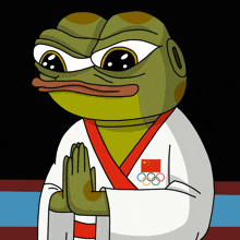 a cartoon of a frog wearing a karate uniform with the olympic rings on his chest