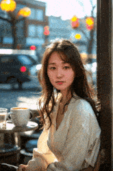 a woman is sitting at a table with a cup of coffee