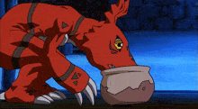 a cartoon drawing of a red monster with a yellow eye drinking from a pot